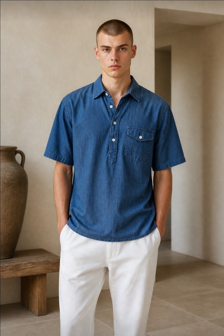 Polo Ralph Lauren Indigo Chambray Shirt Mens XXL Short Sleeve Blue Preppy Luxury